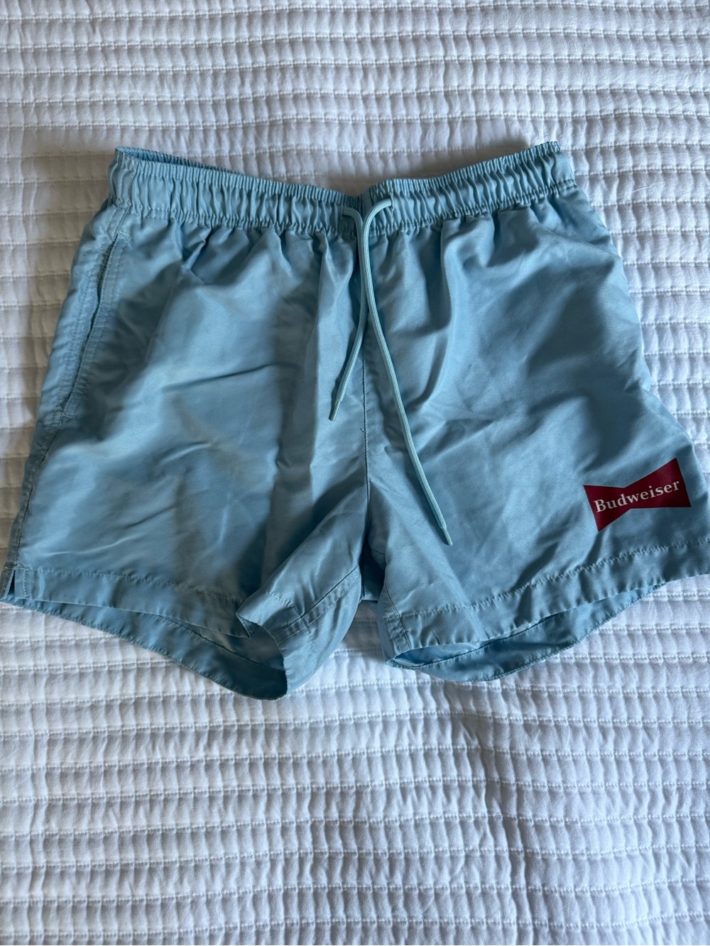 Budweiser Light Blue Athletic Swim Shorts with Red Logo